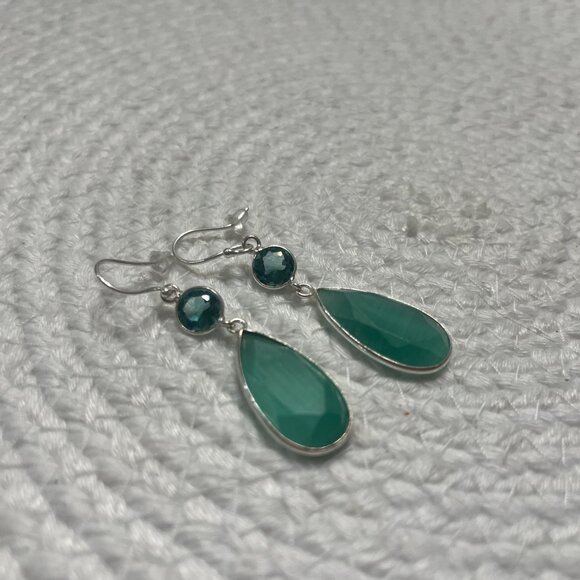 Gorgeous GREEN CATS EYE & BLUE TOPAZ Handmade Sterling 925 Dangle Earrings #502D - Picture 3 of 3